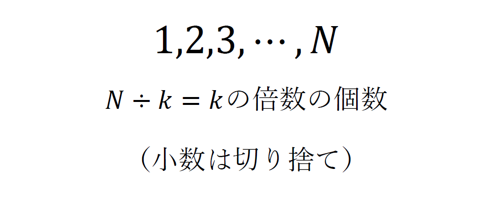 1からNまでの整数の中で、kの倍数は何個あるか数えるための式を表した画像
